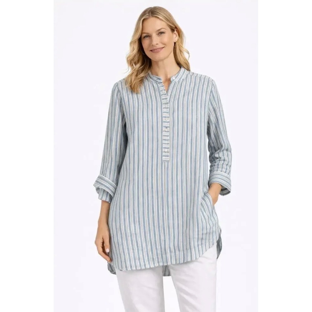 J.Jill Love Linen Striped Henley Tunic Top Pullover XS Nautical 100% Linen